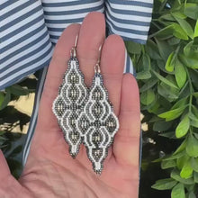 Load and play video in Gallery viewer, Moroccan Tile Beaded Earrings, Navy Gunmetal, White and Silver, Boho Chic, Handmade