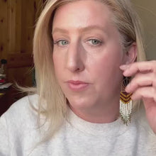 Load and play video in Gallery viewer, Brass Sunburst Beaded Earrings, Brown, Oxblood, Mustard Yellow, Cream, Olive Green