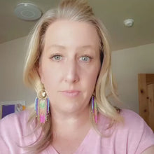 Load and play video in Gallery viewer, Multi-Colored Beaded Fringe Hoop Earrings with Gold Butterflies