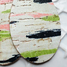 Load image into Gallery viewer, Sunset Dreams, Leather Backed Cork Earrings, Pink, Black, Lime Green, Off White