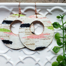 Load image into Gallery viewer, Sunset Dreams, Leather Backed Cork Earrings, Pink, Black, Lime Green, Off White