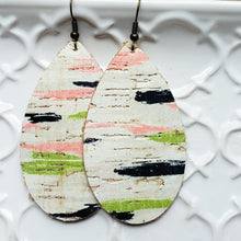 Load image into Gallery viewer, Sunset Dreams, Leather Backed Cork Earrings, Pink, Black, Lime Green, Off White