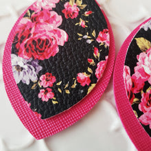 Load image into Gallery viewer, Black Floral and Fuchsia Faux / Vegan Leather Earrings, Double Layer, Nickel Free