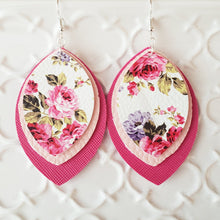 Load image into Gallery viewer, Pink, White and Fuchsia Floral Earrings, Tripple Layer Leaf, Faux/Vegan Leather