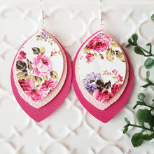 Load image into Gallery viewer, Pink, White and Fuchsia Floral Earrings, Tripple Layer Leaf, Faux/Vegan Leather