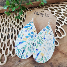 Load image into Gallery viewer, Harvest Floral Leather Backed Cork Earrings, Blue, Green, White, Yellow
