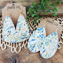 Load image into Gallery viewer, Harvest Floral Leather Backed Cork Earrings, Blue, Green, White, Yellow