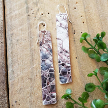 Load image into Gallery viewer, Silver Metallic Genuine Leather Earrings with Purple Accents, Alligator Texture