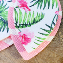 Load image into Gallery viewer, Green Palm Leaf and Pink Stripes, Faux / Vegan Leather Earrings, Double Layer, Nickel Free