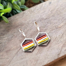 Load image into Gallery viewer, Multicolored Beaded Hexagon Earrings, Silver, Yellow, Purple, White, Olive Green, Hand-Made
