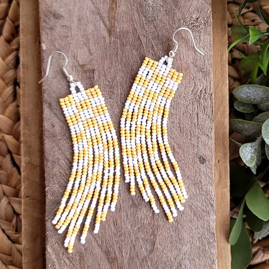 Yellow and White Checkered Beaded Fringe Earrings, Handmade, Hand Crafted
