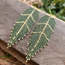 Load image into Gallery viewer, Opaque Olive Green and Gold Feather Fringe Earrings, Seed Bead
