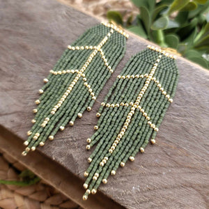 Opaque Olive Green and Gold Feather Fringe Earrings, Seed Bead