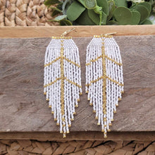 Load image into Gallery viewer, White and Gold Feather Earrings, Fringe Seed Bead

