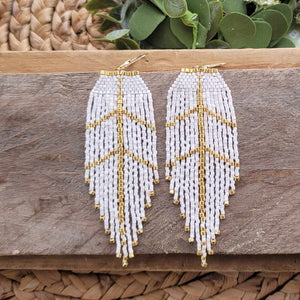 White and Gold Feather Earrings, Fringe Seed Bead