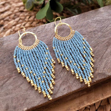 Load image into Gallery viewer, Iced Aqua Blue and Gold Beaded Fringe Earrings on Hoops
