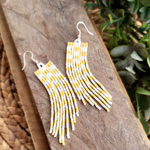 Load image into Gallery viewer, Yellow and White Checkered Beaded Fringe Earrings, Handmade, Hand Crafted
