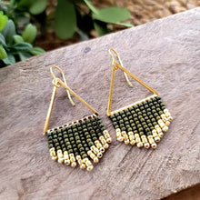 Load image into Gallery viewer, Simple Olive Green Beaded Fringe Earrings on Gold Triangles, Hand-Made
