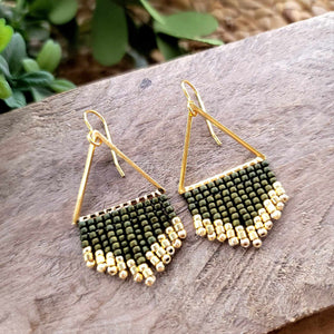 Simple Olive Green Beaded Fringe Earrings on Gold Triangles, Hand-Made
