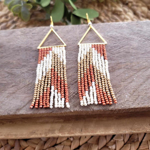 Pumpkin Orange, Cream White and Gold Beaded Fringe Earrings with Triangle Accent