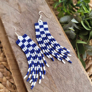 Navy Blue and White Checkered Beaded Fringe Earrings, Handmade, Hand Crafted