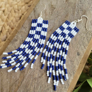 Navy Blue and White Checkered Beaded Fringe Earrings, Handmade, Hand Crafted