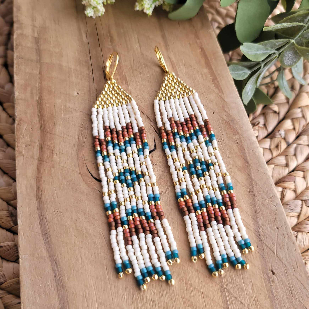 Non Native Style Seed Bead Fringe Earrings, Rust, Teal, Gold, Cream