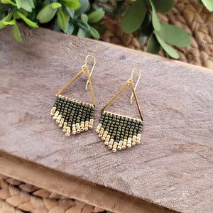 Simple Olive Green Beaded Fringe Earrings on Gold Triangles, Hand-Made