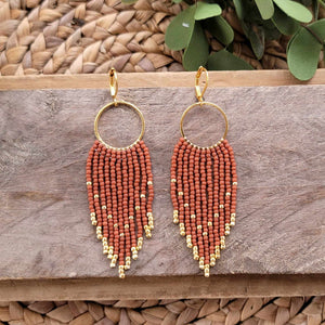 Terracotta  Beaded Fringe Earrings on Gold Hoops, Rust, Orange, Red