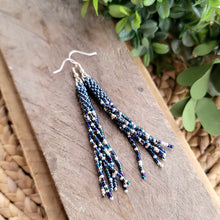 Load image into Gallery viewer, Navy Hematite and Silver Beaded Tassel Earrings, Hand-Made
