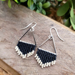 Simple Black Beaded Fringe Earrings on Silver Triangles, Hand-Made