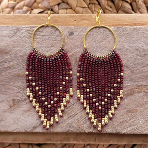 Garnet Red and Gold Beaded Fringe Earrings on Hoops, Burgundy