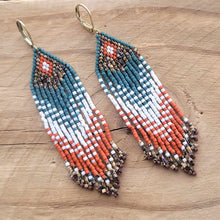 Load image into Gallery viewer, Beaded Frings Earrings, Orange, White, Teal and Brown
