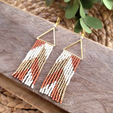 Load image into Gallery viewer, Pumpkin Orange, Cream White and Gold Beaded Fringe Earrings with Triangle Accent

