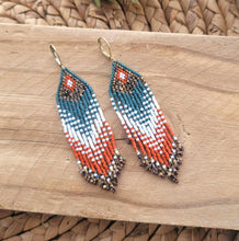 Load image into Gallery viewer, Beaded Frings Earrings, Orange, White, Teal and Brown
