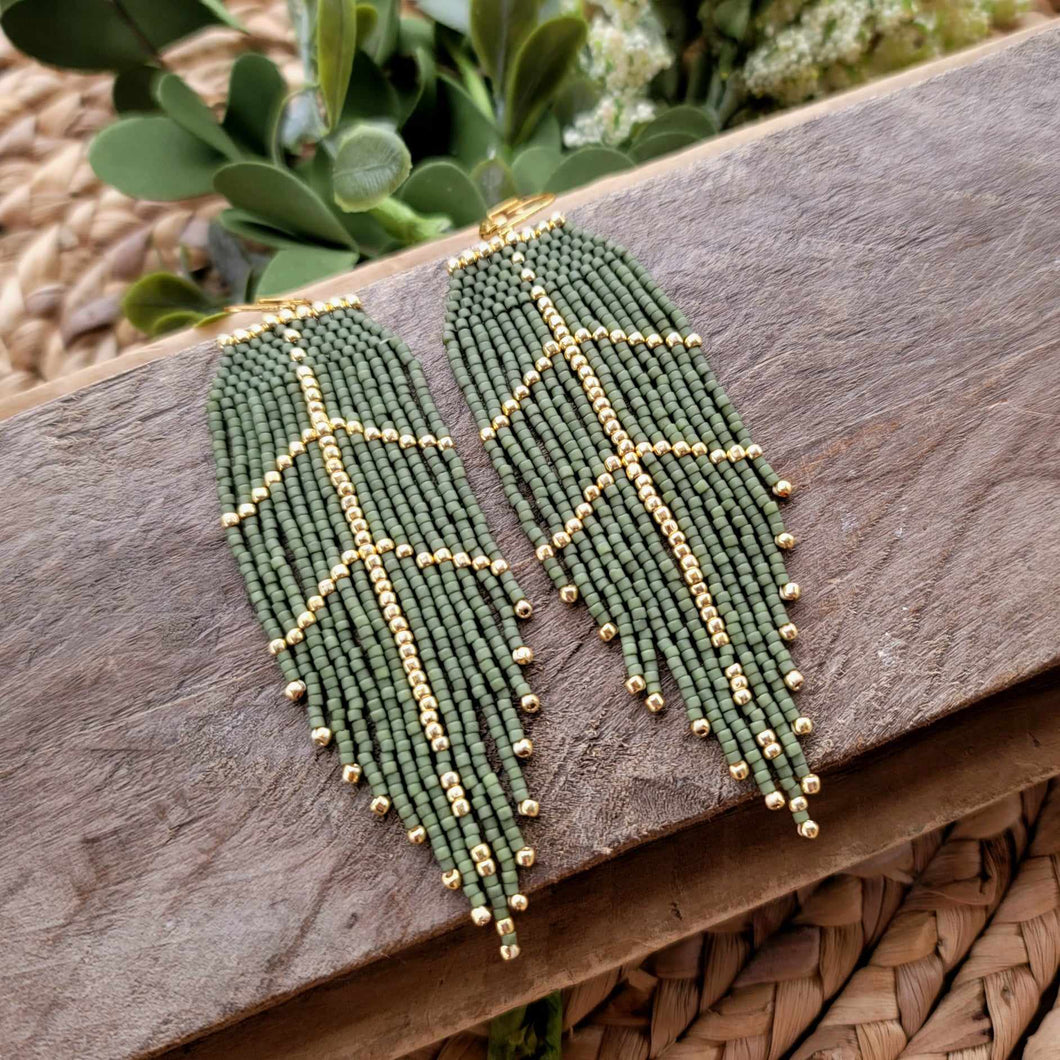 Opaque Olive Green and Gold Feather Fringe Earrings, Seed Bead
