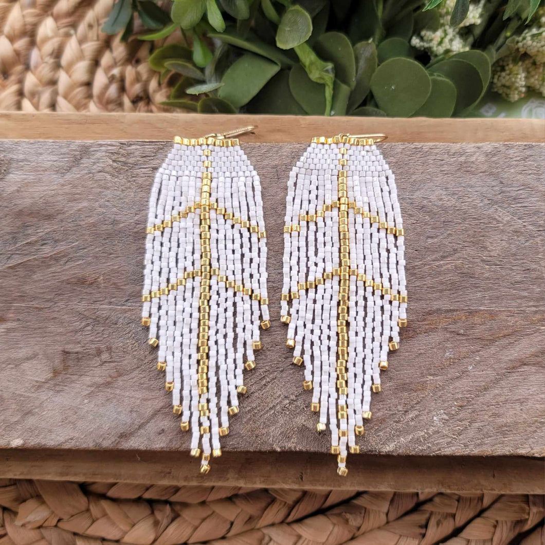 White and Gold Feather Earrings, Fringe Seed Bead
