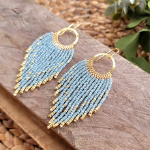 Load image into Gallery viewer, Iced Aqua Blue and Gold Beaded Fringe Earrings on Hoops
