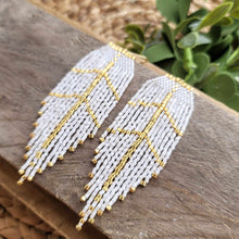 Load image into Gallery viewer, White and Gold Feather Earrings, Fringe Seed Bead
