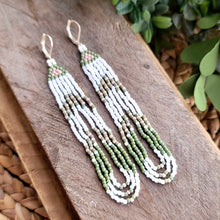 Load image into Gallery viewer, Sage Green, Pink and White Beaded Fringe Earrings with Loops
