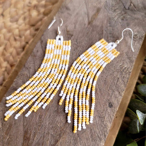 Yellow and White Checkered Beaded Fringe Earrings, Handmade, Hand Crafted