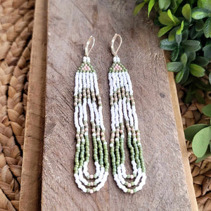 Sage Green, Pink and White Beaded Fringe Earrings with Loops