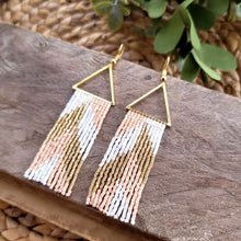 Load image into Gallery viewer, Pink, Cream White and Gold Beaded Fringe Earrings with Triangle Accent
