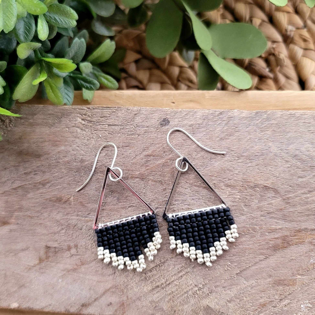 Simple Black Beaded Fringe Earrings on Silver Triangles, Hand-Made