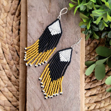 Load image into Gallery viewer, Black, Mustard Yellow and White Fringe Earrings, Seed Bead
