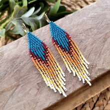 Load image into Gallery viewer, Turquoise, Teal Flame Beaded Fringe Earrings, Seed Bead
