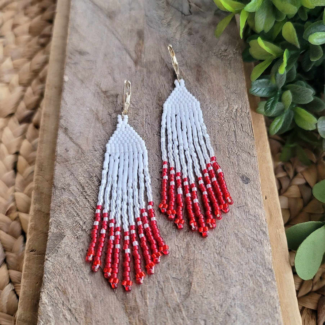 Red and White Beaded Fringe Earrings