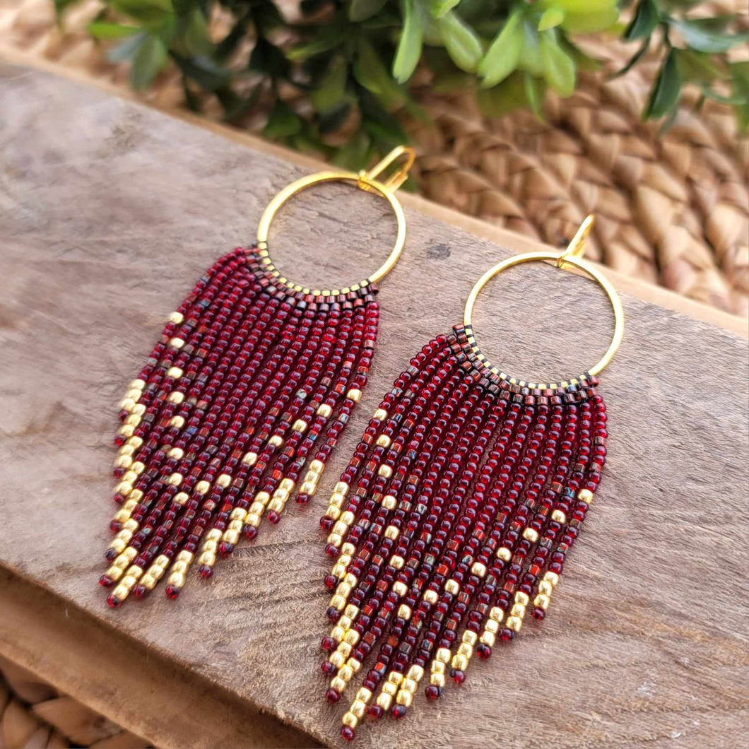 Garnet Red and Gold Beaded Fringe Earrings on Hoops, Burgundy