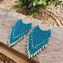 Load image into Gallery viewer, Teal and Gold Beaded Fringe Earrings on Hoops, Burgundy
