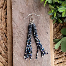 Load image into Gallery viewer, Navy Hematite and Silver Beaded Tassel Earrings, Hand-Made

